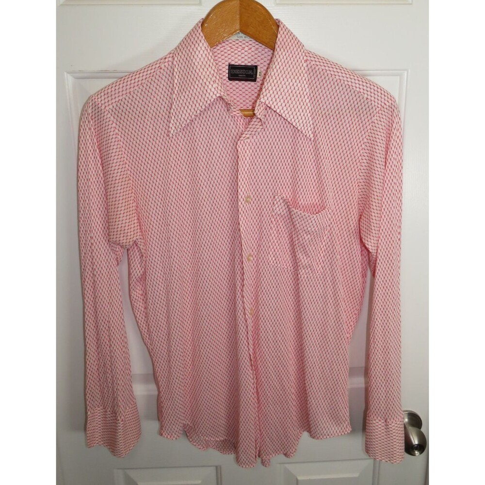 Vintage 70s Disco Desica Knits Textured Button Shirt 16-34 M/L Red Pink VTG